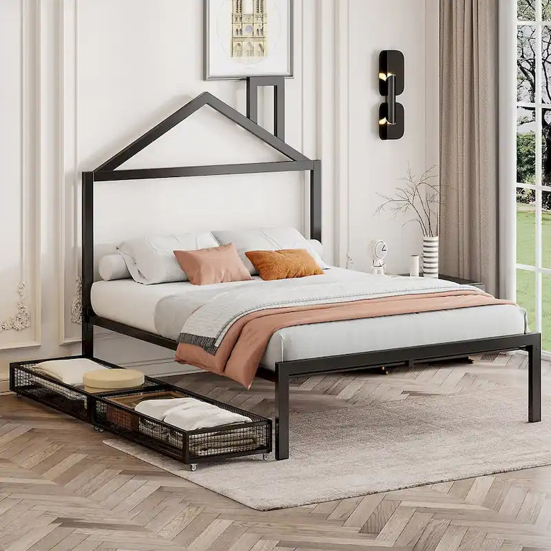 Full Size Metal Platform Bed,House-Shaped Headboard Design,two drawers,Black