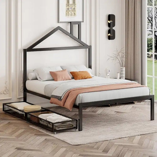 Full Size Metal Platform Bed,House-Shaped Headboard Design,two drawers,Black
