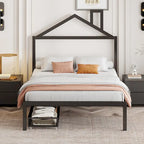 Lit plateforme noir en métal taille standard avec tête de lit cabane et 2 tiroirs, pour 1 personne