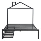 Lit plateforme noir en métal taille standard avec tête de lit cabane et 2 tiroirs, pour 1 personne