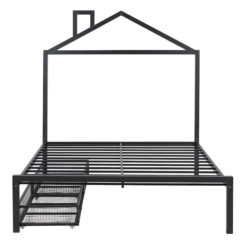 Lit plateforme noir en métal taille standard avec tête de lit cabane et 2 tiroirs, pour 1 personne