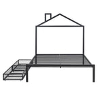 Lit plateforme noir en métal taille standard avec tête de lit cabane et 2 tiroirs, pour 1 personne
