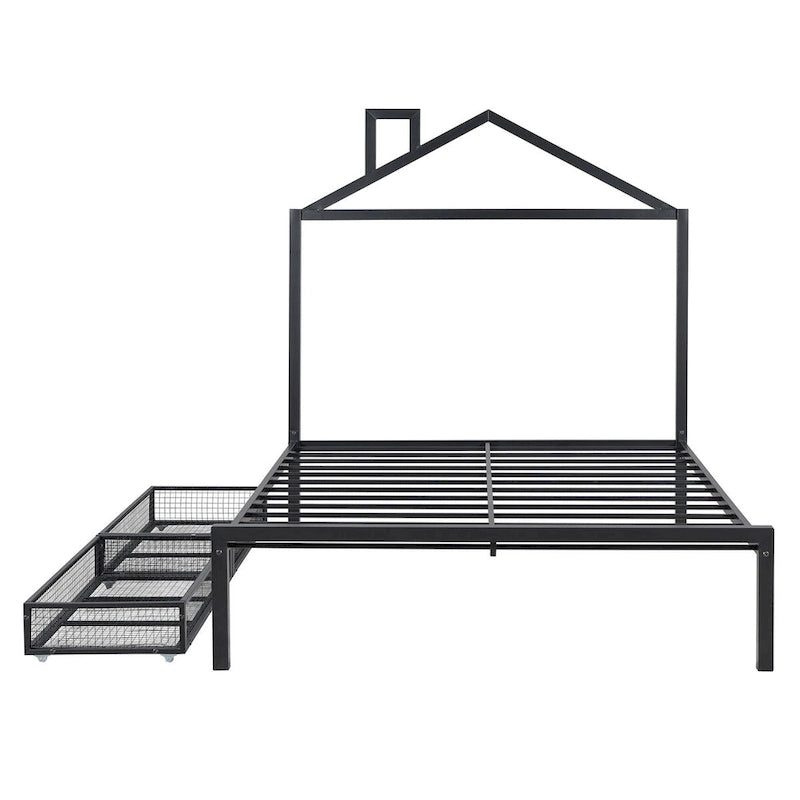 Lit plateforme noir en métal taille standard avec tête de lit cabane et 2 tiroirs, pour 1 personne