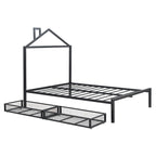 Lit plateforme noir en métal taille standard avec tête de lit cabane et 2 tiroirs, pour 1 personne