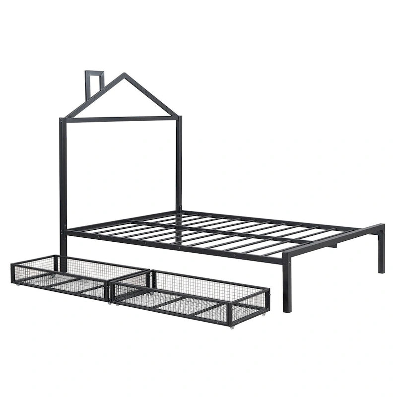 Lit plateforme noir en métal taille standard avec tête de lit cabane et 2 tiroirs, pour 1 personne