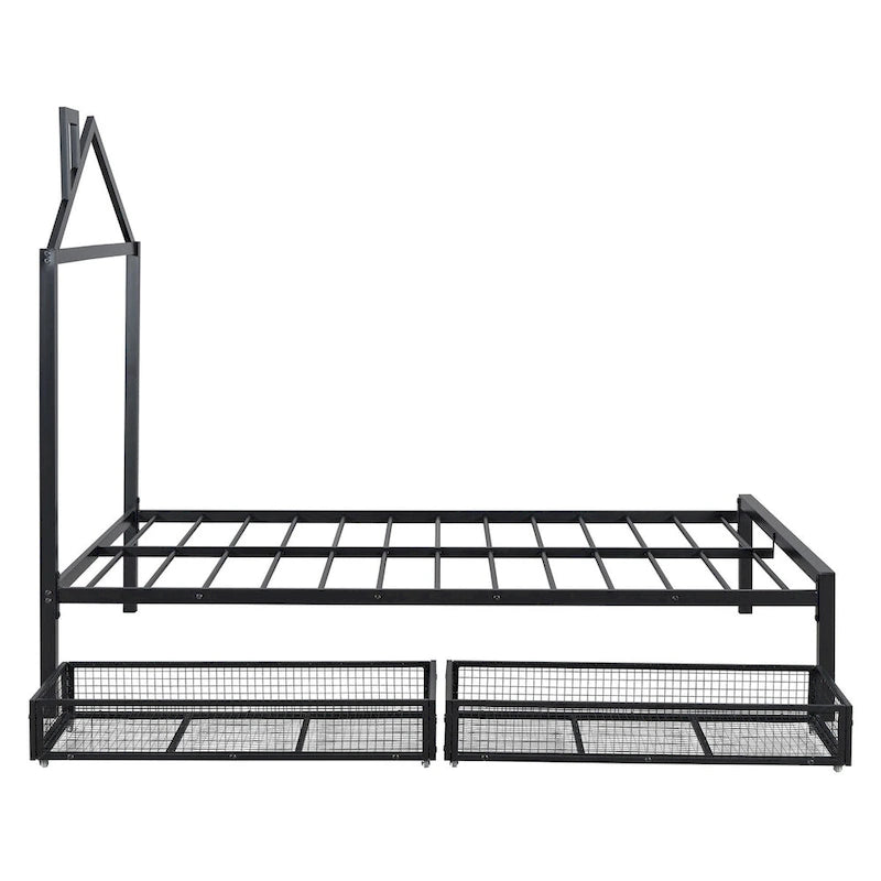 Lit plateforme noir en métal taille standard avec tête de lit cabane et 2 tiroirs, pour 1 personne
