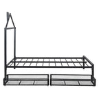 Lit plateforme noir en métal taille standard avec tête de lit cabane et 2 tiroirs, pour 1 personne