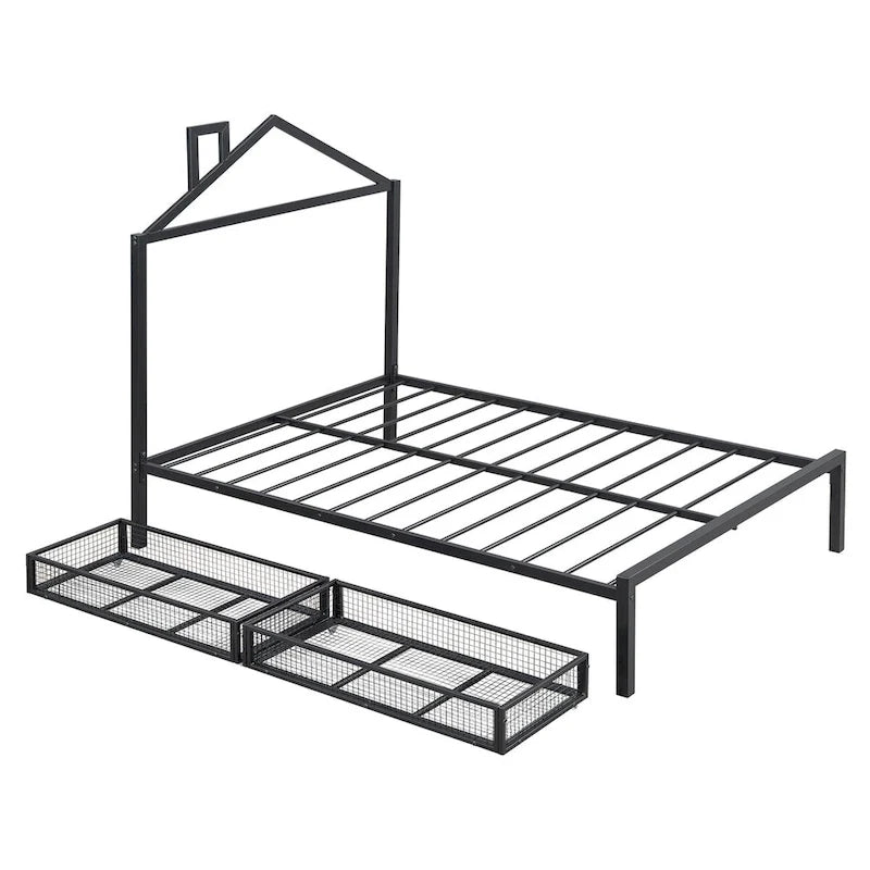 Lit plateforme noir en métal taille standard avec tête de lit cabane et 2 tiroirs, pour 1 personne
