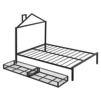 Lit plateforme noir en métal taille standard avec tête de lit cabane et 2 tiroirs, pour 1 personne