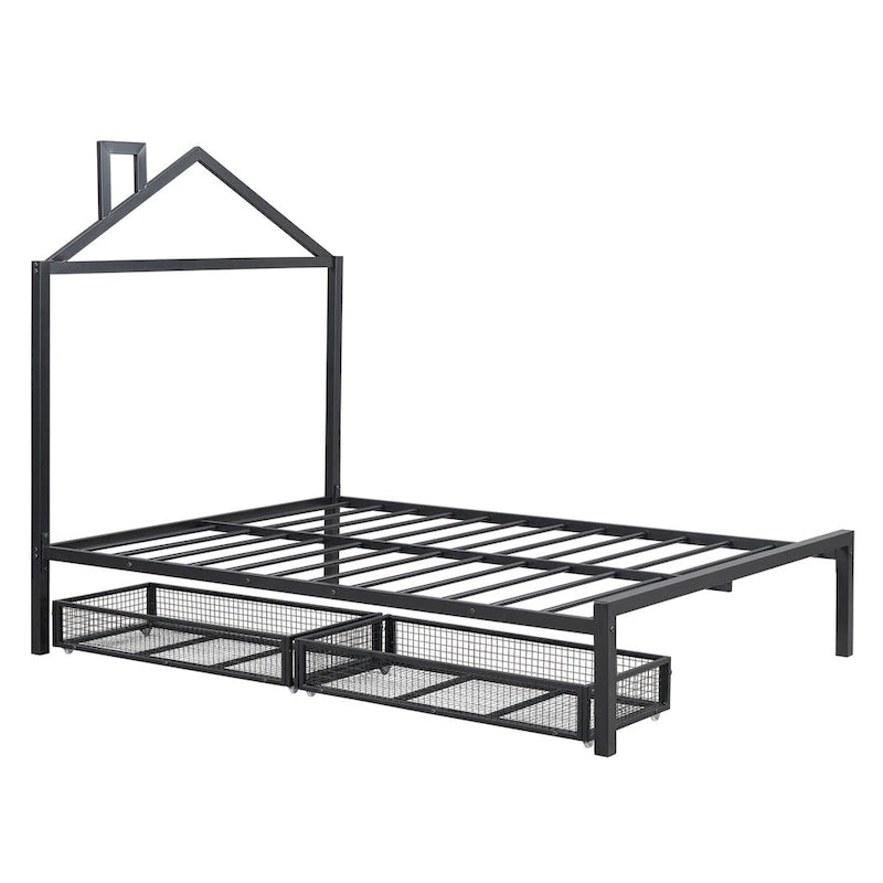 Lit plateforme noir en métal taille standard avec tête de lit cabane et 2 tiroirs, pour 1 personne