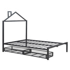 Lit plateforme noir en métal taille standard avec tête de lit cabane et 2 tiroirs, pour 1 personne