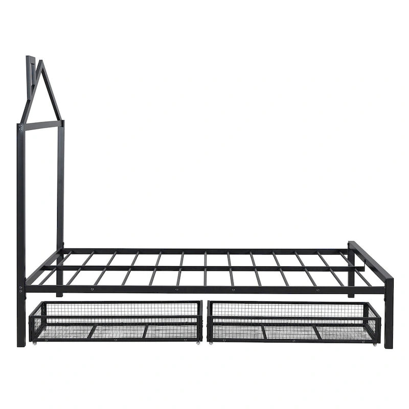 Lit plateforme noir en métal taille standard avec tête de lit cabane et 2 tiroirs, pour 1 personne