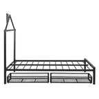 Lit plateforme noir en métal taille standard avec tête de lit cabane et 2 tiroirs, pour 1 personne