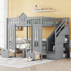 Full Over Full Size Solid Wood Bunk Bed with Adjustable Table, Two Drawers, and Storage Stairs