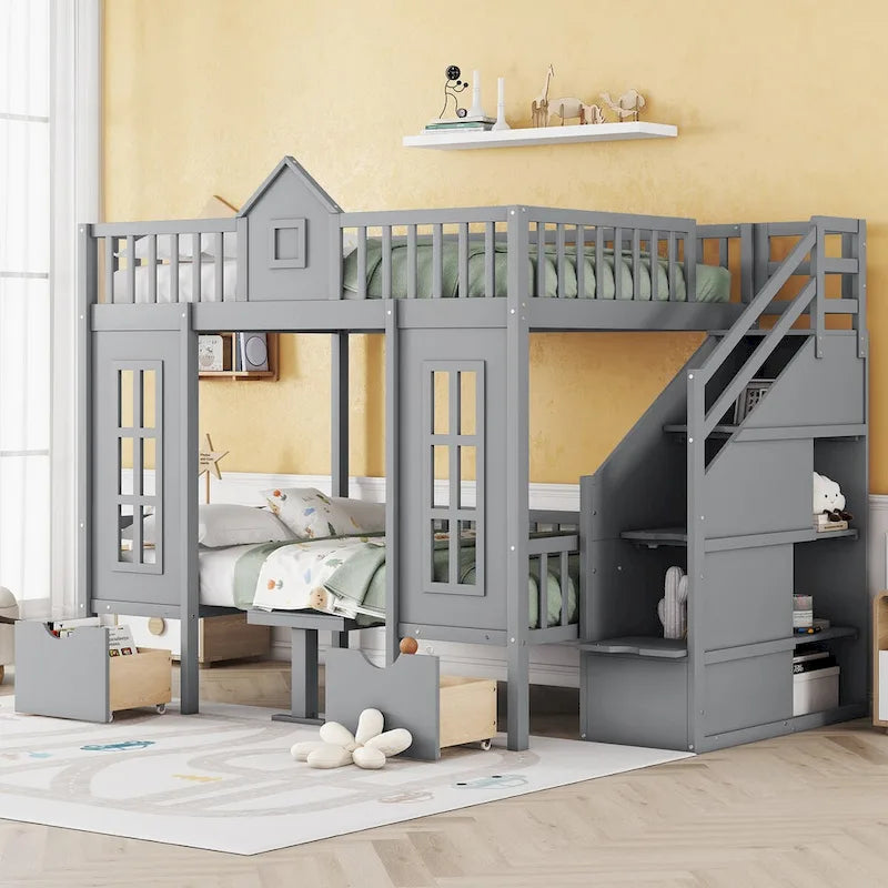 Full Over Full Size Solid Wood Bunk Bed with Adjustable Table, Two Drawers, and Storage Stairs