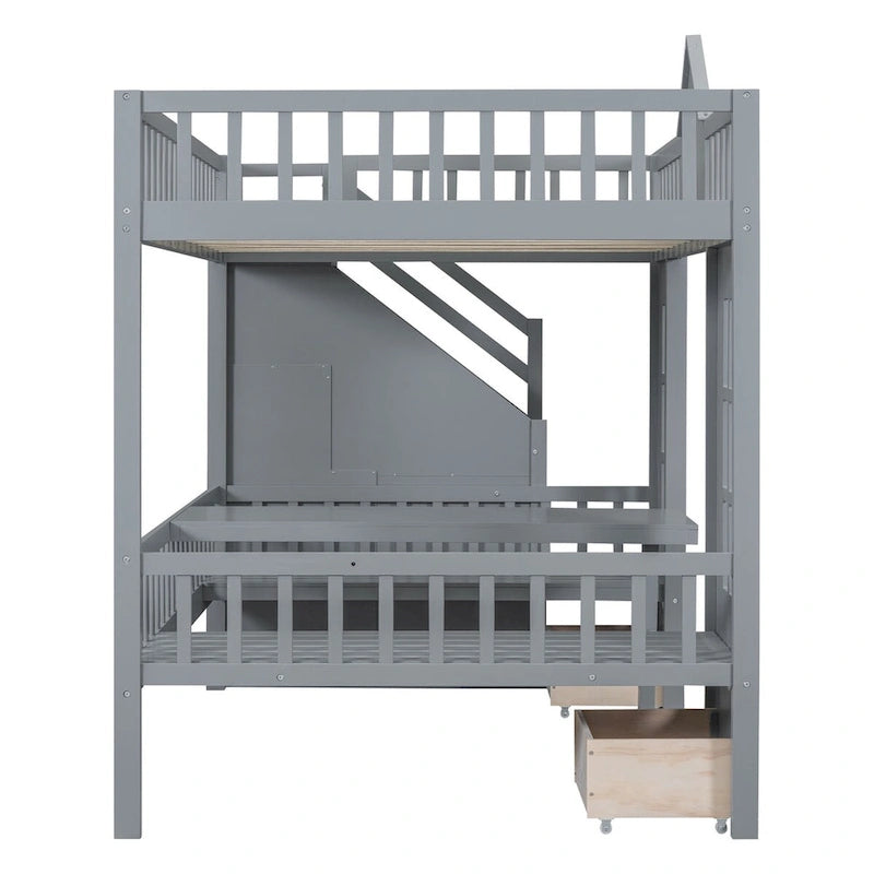 Lit superposé surélevé une place et demie / une place et demie rose / gris / blanc avec tiroirs et escalier de rangement, 2 personnes