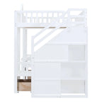 Lit superposé surélevé une place et demie / une place et demie rose / gris / blanc avec tiroirs et escalier de rangement, 2 personnes
