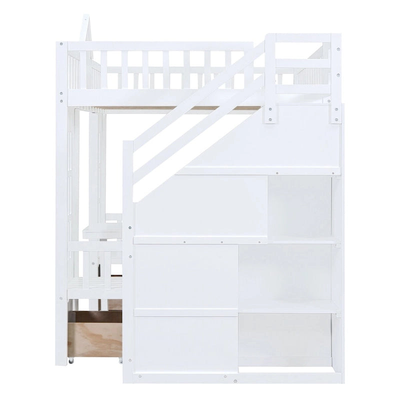 Lit superposé surélevé une place et demie / une place et demie rose / gris / blanc avec tiroirs et escalier de rangement, 2 personnes