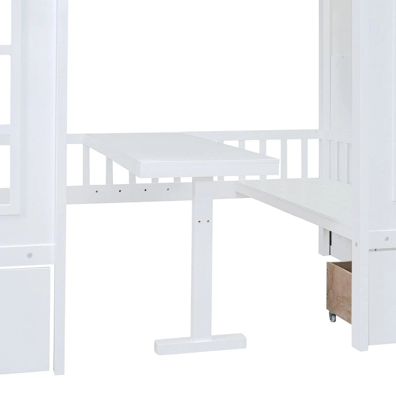 Lit superposé surélevé une place et demie / une place et demie rose / gris / blanc avec tiroirs et escalier de rangement, 2 personnes