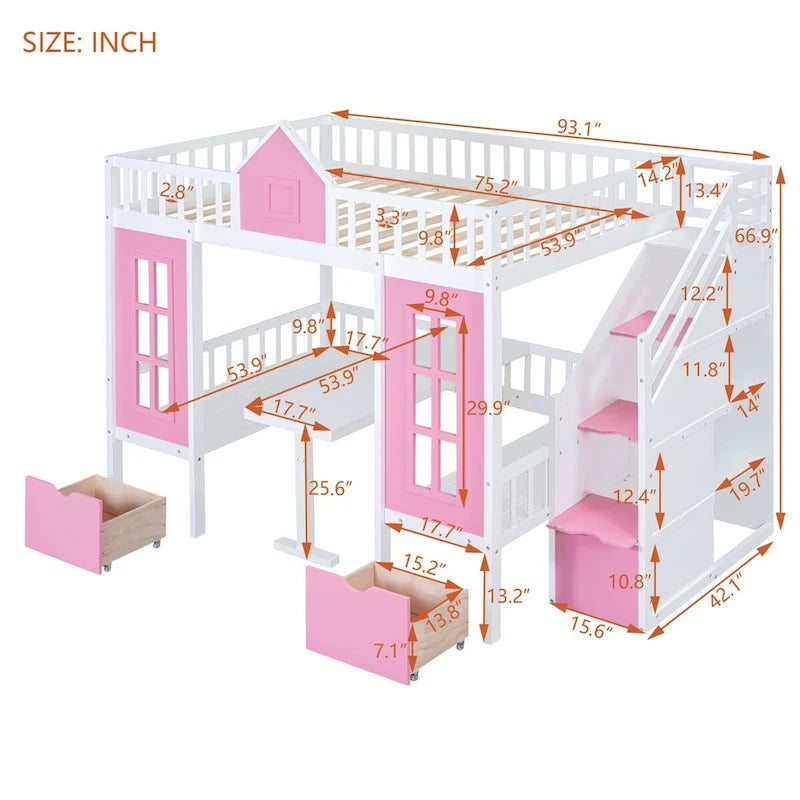 Lit superposé surélevé une place et demie / une place et demie rose / gris / blanc avec tiroirs et escalier de rangement, 2 personnes