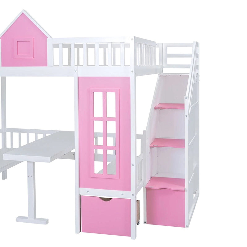 Lit superposé surélevé une place et demie / une place et demie rose / gris / blanc avec tiroirs et escalier de rangement, 2 personnes