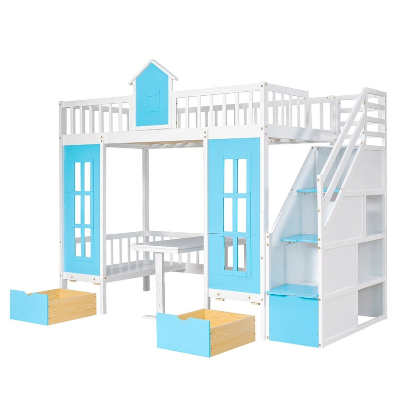 Lit superposé jumeau sur jumeau avec table convertible, bleu/rose/blanc, 2 couchages