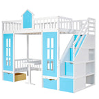 Lit superposé jumeau sur jumeau avec table convertible, bleu/rose/blanc, 2 couchages