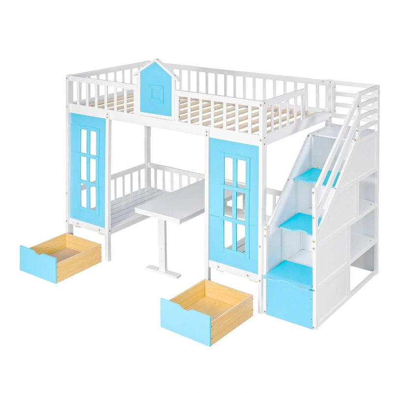 Lit superposé jumeau sur jumeau avec table convertible, bleu/rose/blanc, 2 couchages