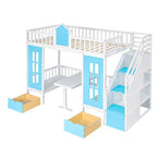 Lit superposé jumeau sur jumeau avec table convertible, bleu/rose/blanc, 2 couchages