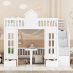 Lit superposé jumeau sur jumeau avec table convertible, bleu/rose/blanc, 2 couchages