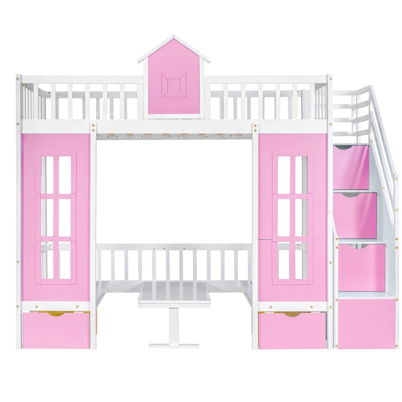 Lit superposé jumeau sur jumeau avec table convertible, bleu/rose/blanc, 2 couchages