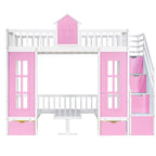 Lit superposé jumeau sur jumeau avec table convertible, bleu/rose/blanc, 2 couchages