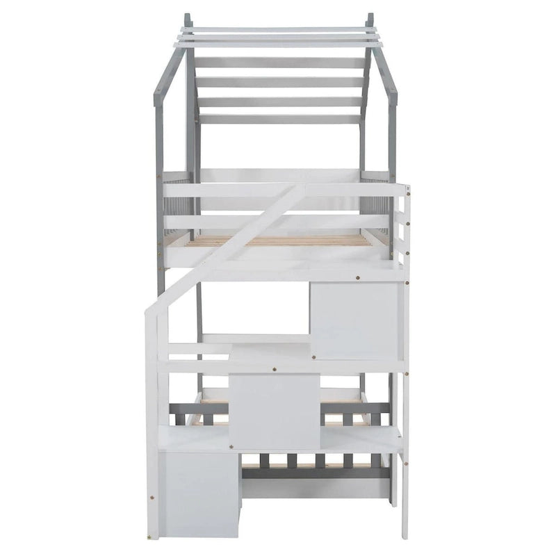 Lit superposé jumeau-sur-jumeau gris/blanc avec escalier et rangement, 2 couchages