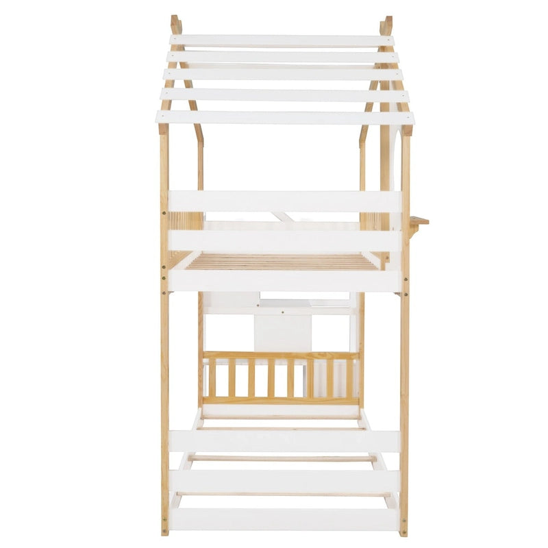 Lit superposé jumeau-sur-jumeau gris/blanc avec escalier et rangement, 2 couchages