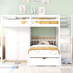 Lit superposé double/simple blanc/gris avec armoire et tiroirs, 2 couchages