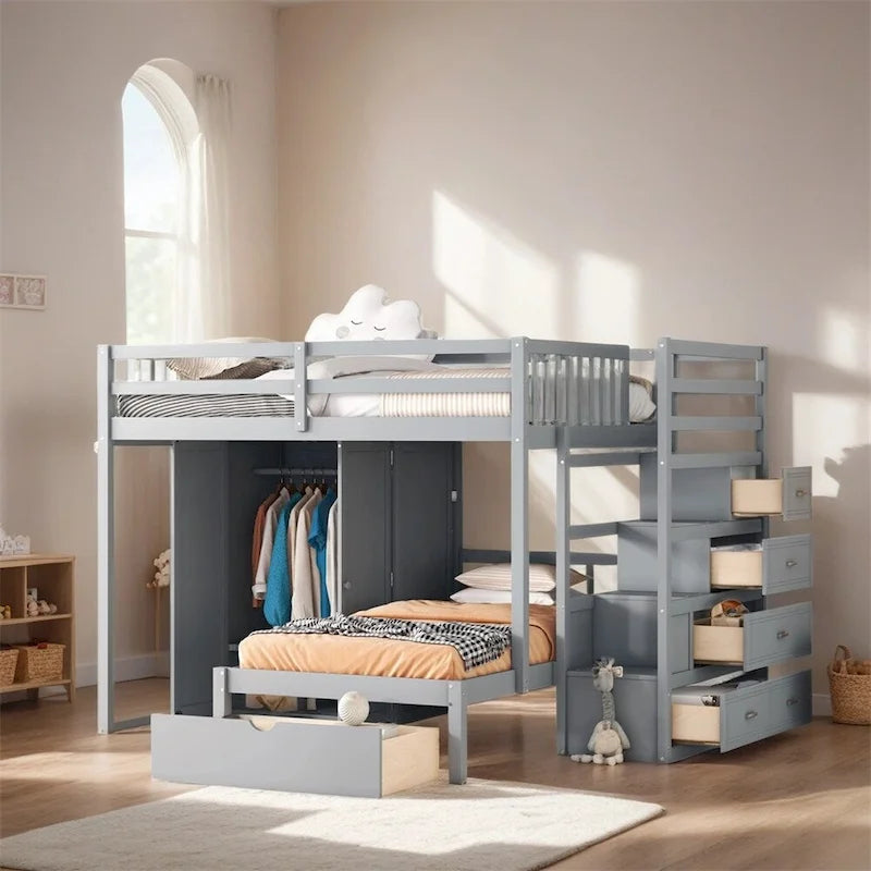 Full Over Twin Bunk Bed with Wardrobe,Drawers