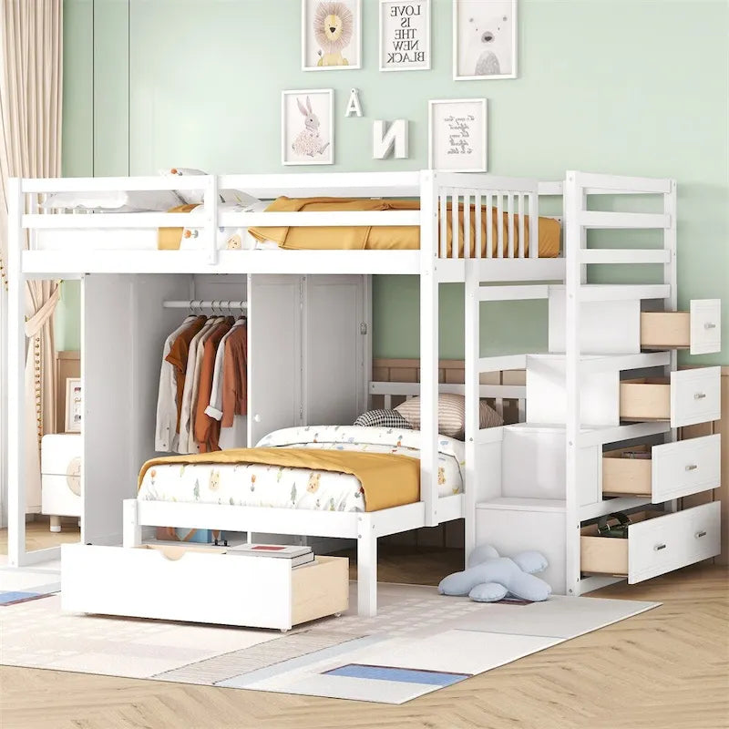 Lit superposé double/simple blanc/gris avec armoire et tiroirs, 2 couchages