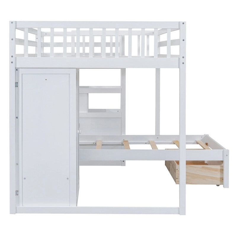 Lit superposé double/simple blanc/gris avec armoire et tiroirs, 2 couchages