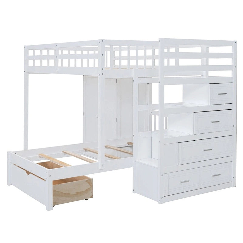 Lit superposé double/simple blanc/gris avec armoire et tiroirs, 2 couchages