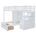 Lit superposé double/simple blanc/gris avec armoire et tiroirs, 2 couchages