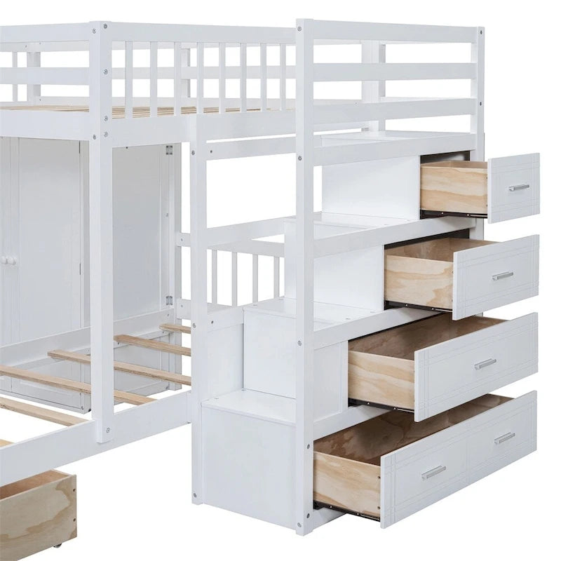 Lit superposé double/simple blanc/gris avec armoire et tiroirs, 2 couchages