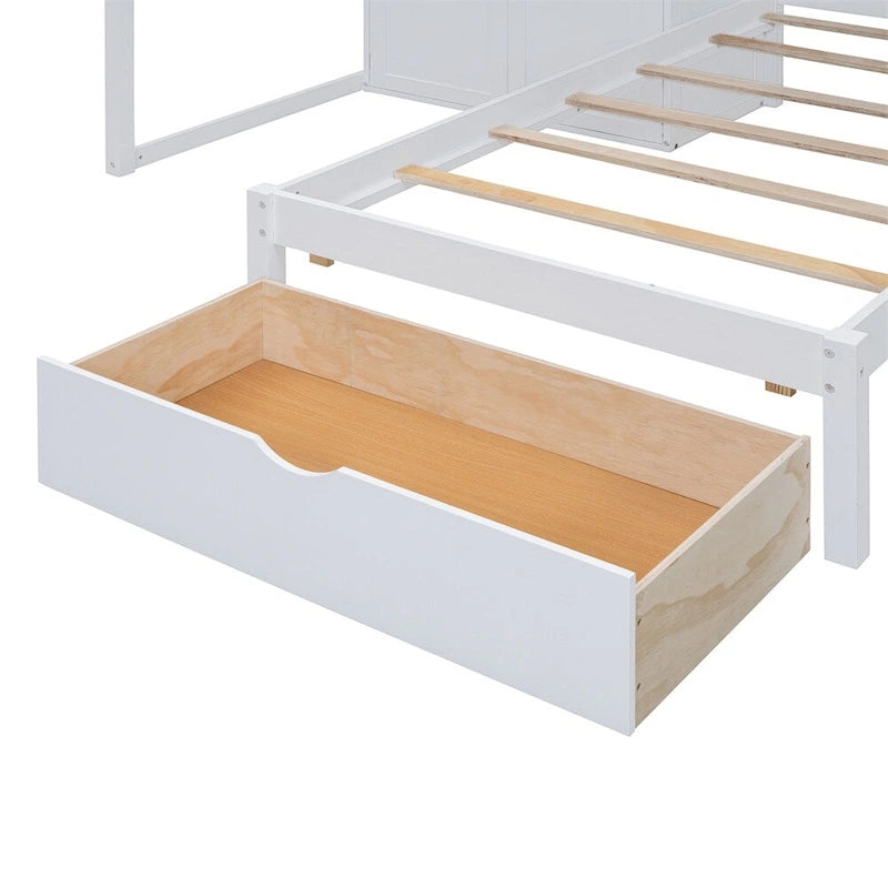 Lit superposé double/simple blanc/gris avec armoire et tiroirs, 2 couchages