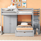 Lit superposé double/simple blanc/gris avec armoire et tiroirs, 2 couchages