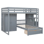 Lit superposé double/simple blanc/gris avec armoire et tiroirs, 2 couchages