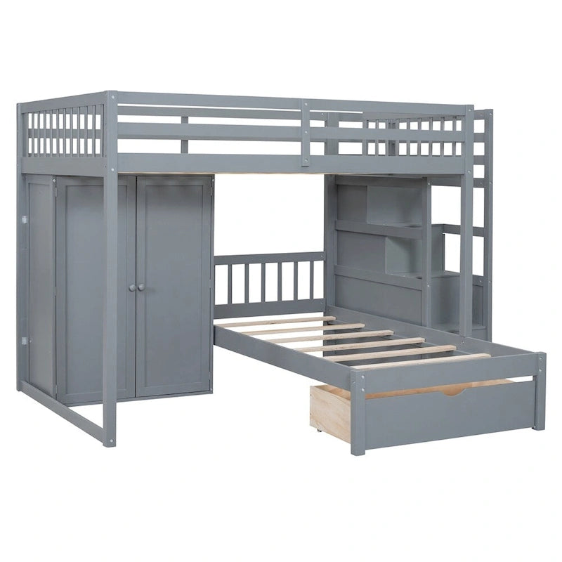 Lit superposé double/simple blanc/gris avec armoire et tiroirs, 2 couchages