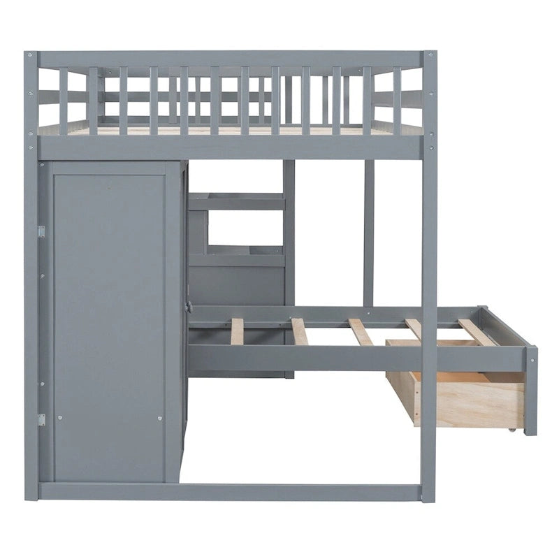 Lit superposé double/simple blanc/gris avec armoire et tiroirs, 2 couchages