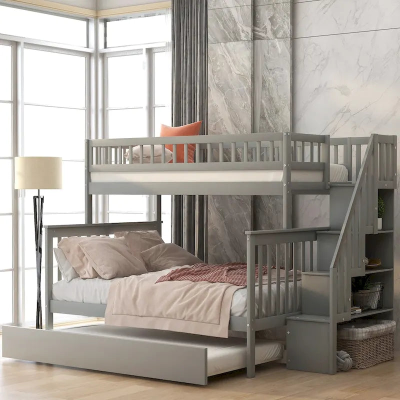 Lit superposé jumeau sur grand de couleur gris/blanc avec lit gigogne et escalier de rangement, pour 3 personnes