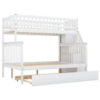 Lit superposé jumeau sur grand de couleur gris/blanc avec lit gigogne et escalier de rangement, pour 3 personnes