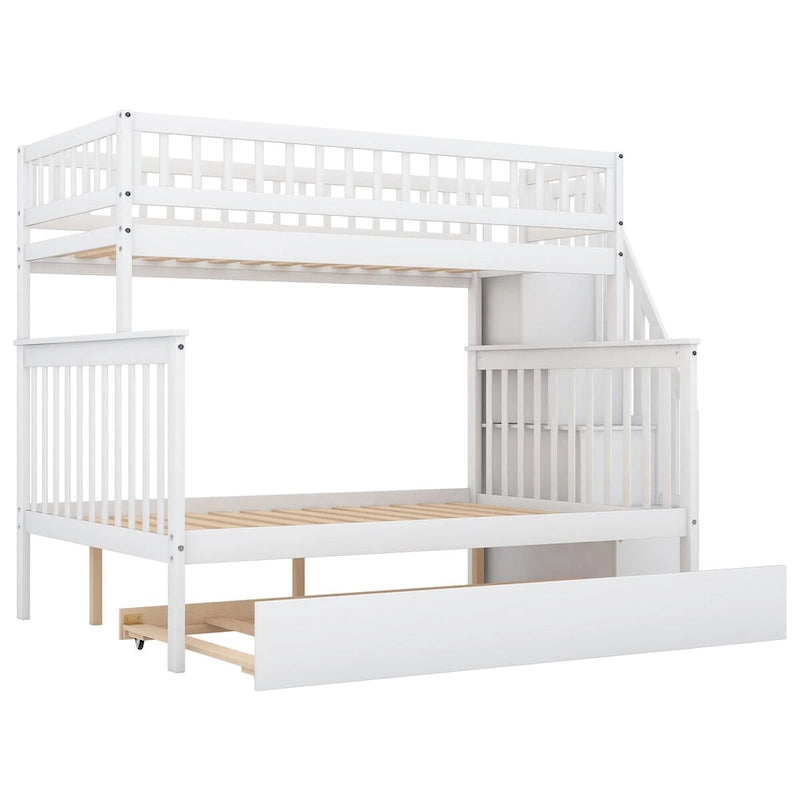Lit superposé jumeau sur grand de couleur gris/blanc avec lit gigogne et escalier de rangement, pour 3 personnes