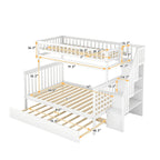 Lit superposé jumeau sur grand de couleur gris/blanc avec lit gigogne et escalier de rangement, pour 3 personnes